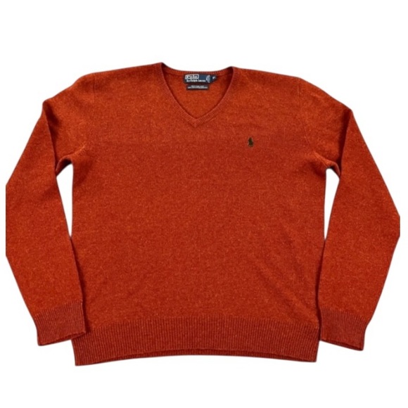 Polo Ralph Lauren 100% Lambswool V Neck Sweater Sz L Orange - Picture 1 of 4